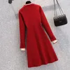Casual Dresses office ladies mini sweater dresses winter thick warm patchwork button long sleeve knitted dress women bodycon Y2302