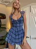 Sıradan elbiseler sevimli kafes desen bir çizgi kısa kollu mini elbise kadın kıyafetleri yaz yaz streç rahat bayan sokak kıyafeti 230309