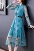 Casual Dresses Temperament Mesh V-Neck Midi Dress 2023 Spring Summer Women's Embroidery Slim Trend Hollow Elegant Lady Robe H143