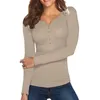 T-Shirt femme printemps automne T-Shirt vêtements 2023 couleur unie côtelé col Henley manches longues pull ajusté pour les filles