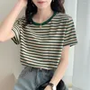 여자 T 셔츠 Qoerlin Retro Striped Short Sleeve 티셔츠 여성 여름 2023 컬러 히트 O- 넥 Top Classic Classic Tops 대형 티 여성