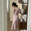 Casual Dresses Long Sleeve One Word Shoulder Solid A Line Dres Elegant Slim Korean Chic Vestidos Autumn Sexy Off Robe 230309