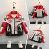 Jackets Baby Boys Letter Print Baseball Coat Turn Down Collar Zipper Up Faux Leather Moto For Children Racing Biker 230310