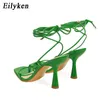 Ny modedesign Green Sandals Womens Summer Square Toe Stiletto klackar Ankel Lace Up Ladies Party Dress Shoes Storlek 42 230306