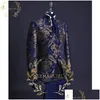 Smoking Handsome Blue Gold Floral Rim Stage Men Suit Set Stand Collar Abiti da uomo Formale Groom Tuxedo Costume Jacket Vest Dro Dhqlg