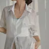 Blouses pour femmes QOERLIN 2023 mousseline de soie mince été doux chic grande taille décontracté élégant voir à travers manches longues sexy transparent blanc