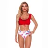 Women's Swimwear 2pcs Women Swimsuits Bikini Set Push-Up Padded Pure Color Top Ruffle Bandage Printing Thong Sexy Beachwear 2023