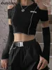 Women's T Shirts E-girl Style Patchwork Black T-shirts Gothic Open Shoulder Sleeve Y2k Crop Tops Ruffles Hem Hip Hop Techwear Women Tee