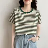 여자 T 셔츠 Qoerlin Retro Striped Short Sleeve 티셔츠 여성 여름 2023 컬러 히트 O- 넥 Top Classic Classic Tops 대형 티 여성