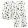 Menas de dormir da primavera feminina Mulheres elegantes Pijama sets Girls Pijamas V-G-decot Sleepwear Kimono Blue Loungewear Pijama Mujer Nightwear