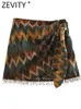 Spódnice Zevity Women Vintage Geometryczne nadruk Netkted mini sarong spódnica Faldas Mujer żeńska frezowanie frędzlowe swobodne zamek błyskawiczne qun1436 230309