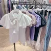 女性用ブラウスワクタシンプルな甘いショートスリーブブラウスエッジMujer Blusa 2023夏の女性シャツと取り外し可能なボウノットカラー