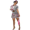 Groothandel tweedelig jurk voor vrouwen zomer zomerkorte mouw bommenwerper jas met één borsten geplooide rokken outfits modeprint bovenkleding K1097_3