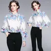 Kvinnors blusar Luxury Designer Womens Tops och 2023 Autumn Long Sleeve Lapel Casual Printed Button Up Shirt Runway Office Ladies Top