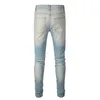 Mäns jeans Mens A589 Estruerad ihålig lapptäcke Rainbow Bandana Ripped Patches ljusblå tvättad smal sträckstorlek 2840 230309