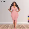 Plus Size Kleider Trendy Frauen Sexy Tiefem V-Ausschnitt Dünnes Kleid Kleidung Midi Länge Elegant Plissee Solide Großhandel Dropshipping 230307