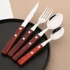 Dinnerware Sets 4/1Pcs Wooden Handle Cutlery Set Mirror 304 Stainless Steel Wood Spoon Knife Fork Dinner Tableware Kitchen