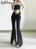 Women s Pants s Sylcue Black Slim Stretch Versatile Classic High Waist Simple Split Young Zipper Flared Trousers Girl Casual 230309