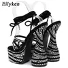 Sandália 2023 New Crystal Chunky Heels Sandals Moda Peep Toe Tornozelo Cross Lace Up Platform Women Stripper Shoes 230302