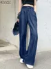 Frauen Hosen Mode Frauen ZANZEA 2023 Frühling Sommer Lose Pantalons Denim Blau Büro Dame Böden Urlaub Palazzo Übergroßen 230309