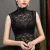 Women's Tanks Lace Turtleneck Hollow Out Women Camisole Summer Desgin Slim Elegant Office Lady Pulls Tops Tees