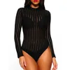Womens Jumpsuits Rompers OMSJ Black Mesh Sprited Print Sexy Seethrough Skinny Bodysuit Long Sleeve Lady High Neck Pullover Body Top Fashion Party Club 230308