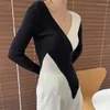 Women's Blouses Black White Patchwork Skinny Korean Side Split Fashion Blouse Ladies Tops Autumn Wrap V Neck Ribbed Knitted