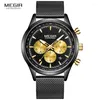 Avanadores de punho 2023 megir Casual Mesh de luxo Moda Quartz Gold Watch Mens Watches Top Brand Relógio à prova d'água Relogio Masculino