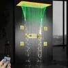 Ceiling Embedded 700*380mm LED Shower Head Brushed Gold Temperature Display Thermostatic Shower Faucet Set