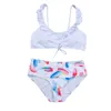 Women's Swimwear 2pcs Women Swimsuits Bikini Set Push-Up Padded Pure Color Top Ruffle Bandage Printing Thong Sexy Beachwear 2023