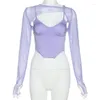 Women's T Shirts Bangniweigou Hollow Out Corset Top Mesh Long Sleeve Slim Crop Tops Women Lilac Bodycon Cord T-shirt Y2k