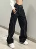 Jeans da donna SUCHCUTE Jeans a gamba larga neri gotici con cintura Pantaloni da donna in denim accademico scuro Hip Hop Streetwear Pantaloni punk Fairycore grunge 230310