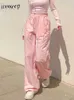 Damesbroek CapriS Weemeep streetwear schattige vrachtbroek roze baggy elastische high taille casual zweetwegen vrouwen y2k jogging broek Koreaanse stijl chic l230310
