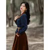 Casual Dresses Dress Vintage French Velvet Patchwork Denim Top Two-piece Matching Skirt Suit Women In Autumn And Winter