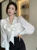 البلوزات النسائية Qoerlin Long Sleeve Bow Blouse White Twond Twonlar قميص زهري قميص Tops Women Blusas Mujer de Moda Fall