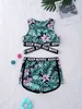 One-Pieces Kids Girls Swimsuit Two Pieces Swimwear Round Neck Sleeveless Cross Sash Crop Tops and Shorts Set Swimming Bathing Suit Clothes W0310