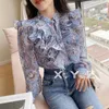 Women's Blouses Heavy Worker geplooide gegolfde blouse chiffon shirt vrouwelijk 2023 lente en herfst v -neck lange mouw casual bedrukte top