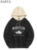 Mens Hoodies 스웨트 셔츠 양털 빈티지 스웨트 셔츠 편지 자수 스트리트웨어 가을 겨울 후 까마귀 컬러 블록 Polar Pullover 230308