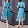 Casual Dresses Temperament Mesh V-Neck Midi Dress 2023 Spring Summer Women's Embroidery Slim Trend Hollow Elegant Lady Robe H143