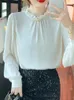 Kvinnors blusar Qoerlin Beading Pearl Ruffles Stand Collar Beige Chiffon Blue Spring Summer Thin Shirts Elegant Plain Tops Office Lady Lady