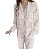 Women's Sleepwear Spring and Summer Ladies Pajamas Plaid Cardigan Lapel Two-piece Suit Can Be Worn Outside Casual Loose Cute Girls Home Service 230310