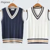 Men's Vests Sweater Vest Men Thicken V-neck Sleeveless Knitted Sweaters Vests Striped Retro Preppy-style Simple Chic Loose Casual All-match 230310