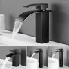 Bathroom Sink Faucets Matte Black Waterfall Basin Faucet Water Tap Single Handle Cold Mixer Deck Mounted Washbasin