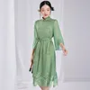 Etnische kleding zomer prachtige groene kanten kraag stropdas middelste lengte cheongsam jurk voor vrouwen verbeterde temperament banketavond