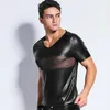 Herr t-skjortor män sexig transparent lädertröja 2023 rund nacke kort ärmmesh t-shirt se genomt gay tshirt