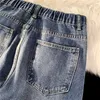 Herr jeans ny vår 2023 elastisk midja baggy koreansk mode casual tie blomma kantning rakben denim byxor man y2303