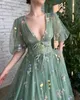 Party Dresses Sevintage Green Embroidery Lace Prom Dresses Puff Sleeves A-Line Long Wedding Party Gowns Open Back Tulle Evening Dress 230310