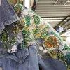 Kvinnans jackor 2023 Spring Autumn European broderi paljetter Stitching Rhinestone Women Denim Jacket Fashionabla löst bantning Jeans Coat