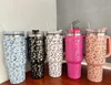 1Pc With LOGO StanIey quencher 40oz tumbler Leopard Print stainless steel with Logo handle lid straw big capacity beer mug water bottle powder coating cup GJ0519