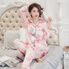 Mulheres de manga longa para mulheres do sono feminino Pijama de pijamas Conjunto de cetim de seda amor